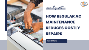 AC technicians working on the AC repair with the business logo, blog title, and read more option.